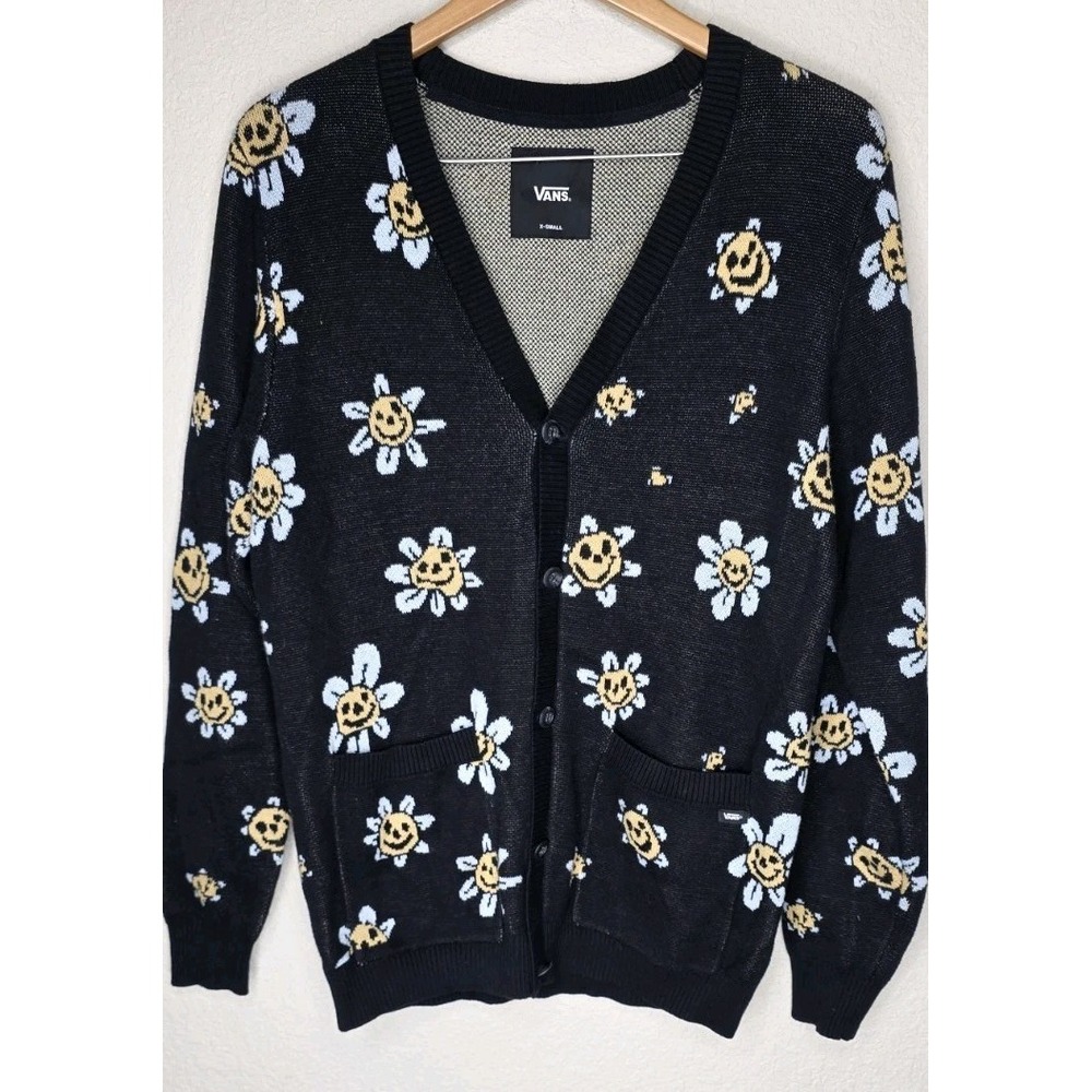 Vans Cardigan Hilltop Sweater Trippy Flower Black Woman XS Grunge Skate Moto